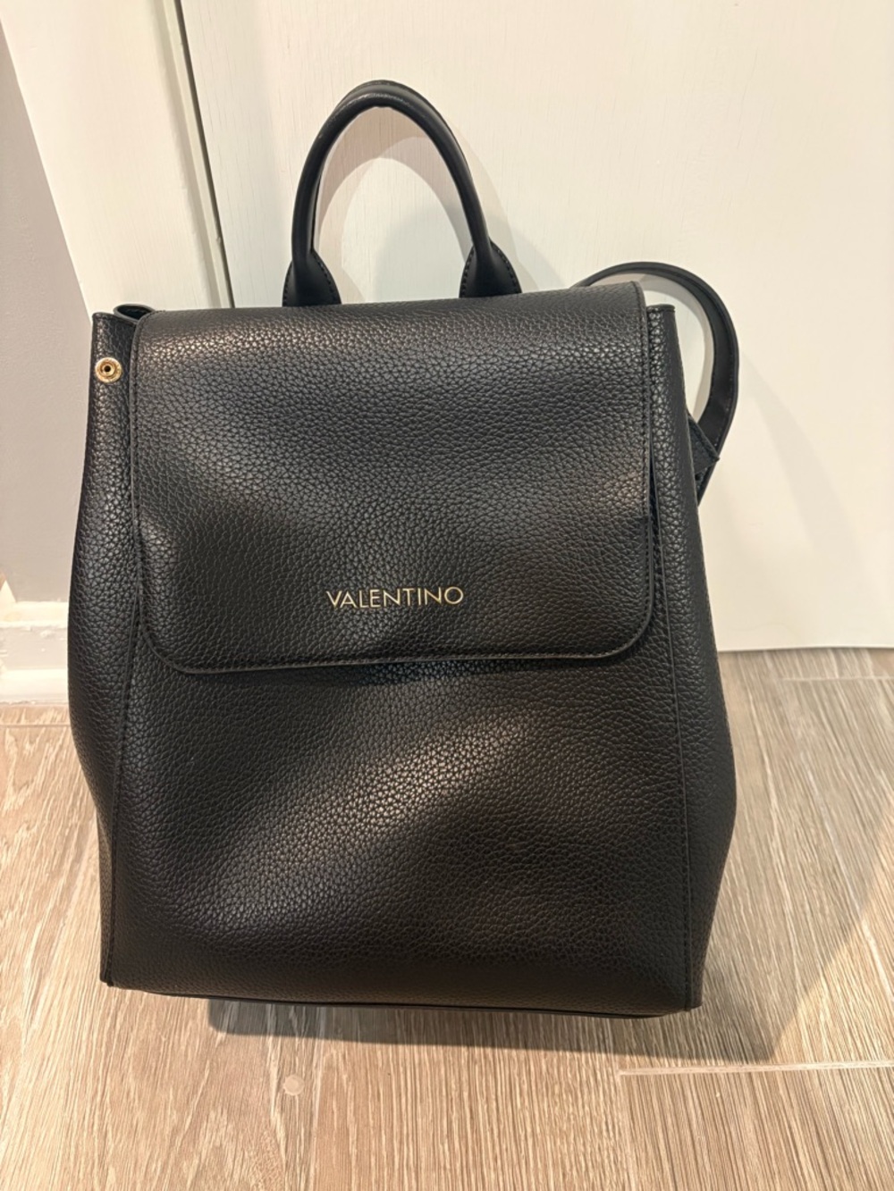 Valentino Black Pebbled Leather Backpack with Gold Logo